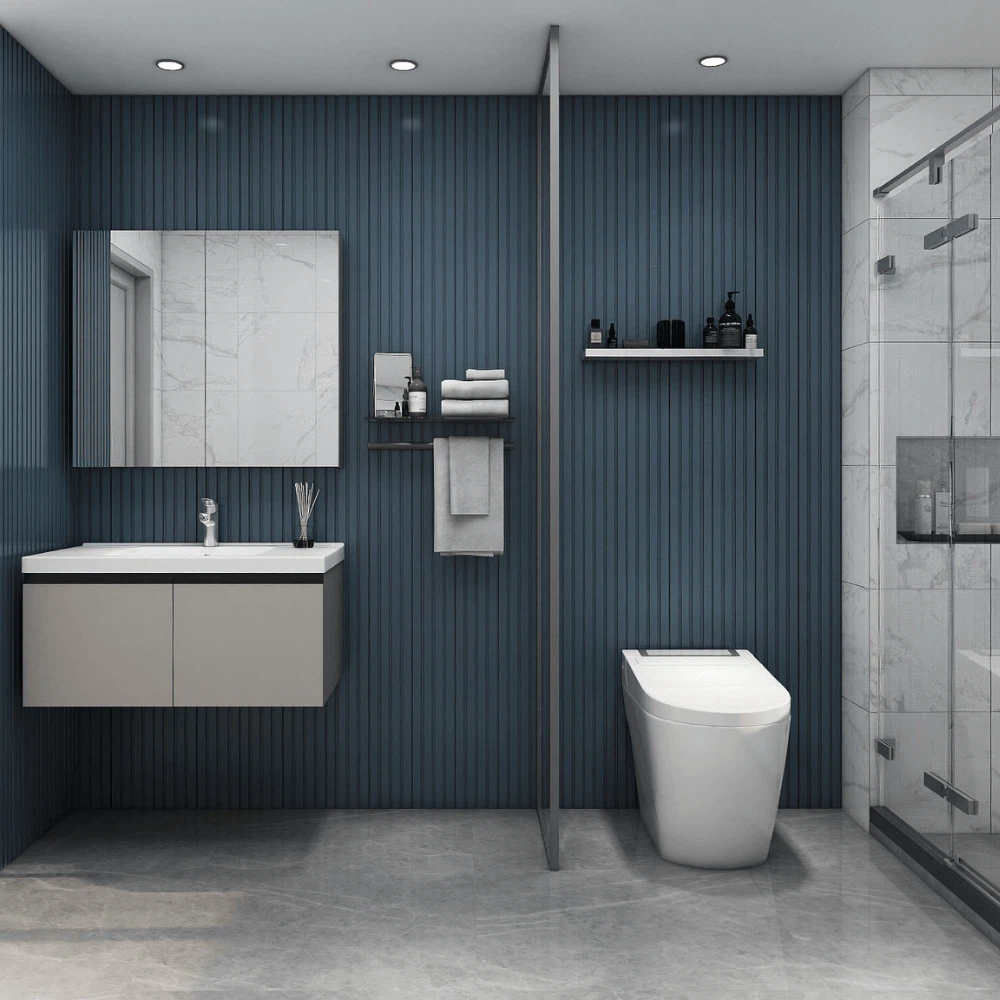Modern wall mounted vanity unit with basin in minimalist grey bathroom, floating design with mirror and storage shelves. Modern wall mounted vanity unit with basin in minimalist grey bathroom, floating design with mirror and storage shelves.