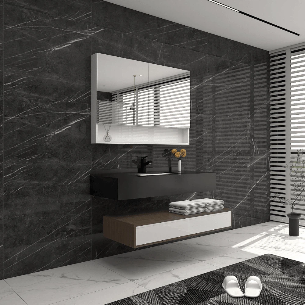 Side angle view of Modern Floating Bathroom Vanity Set showing wall-mounted structure and spacious under-sink design. Side angle view of Modern Floating Bathroom Vanity Set showing wall-mounted structure and spacious under-sink design.