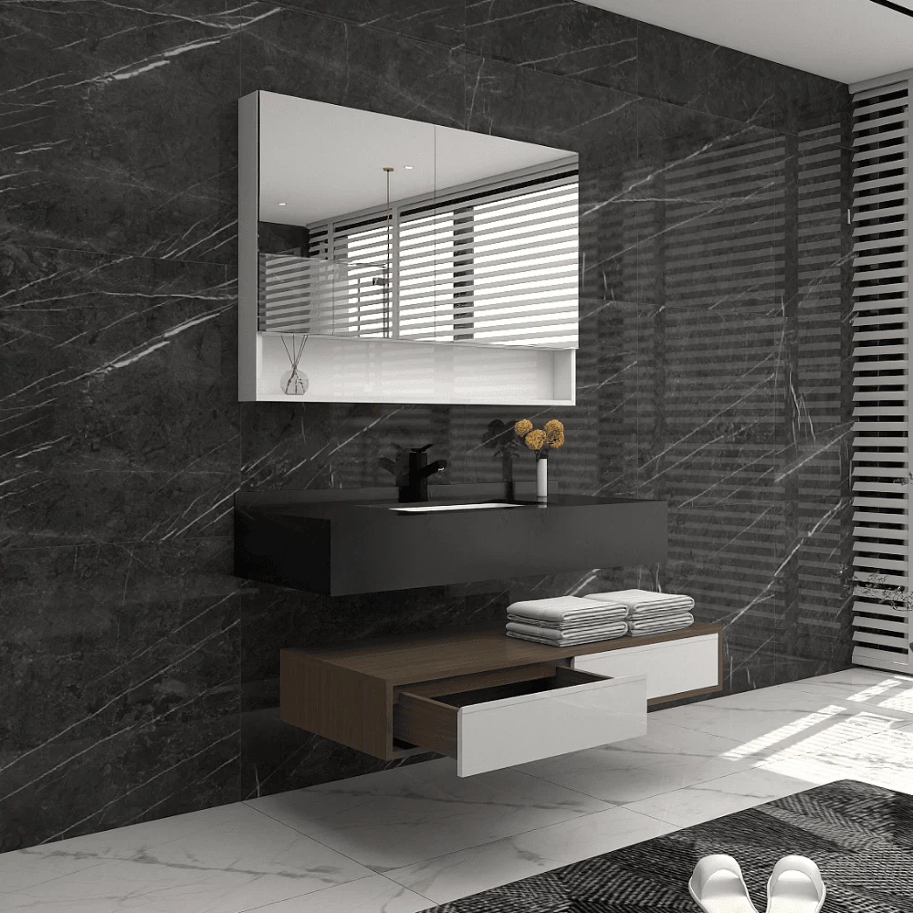 Modern Floating Bathroom Vanity Set with open drawer design, showcasing smooth sliding storage function and elegant detailing. Modern Floating Bathroom Vanity Set with open drawer design, showcasing smooth sliding storage function and elegant detailing.